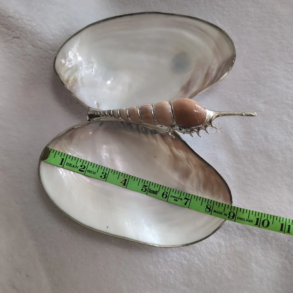Large Vintage Mother of Pearl Clam Shell Trinket Dish Feet Manila Nautical Decor
